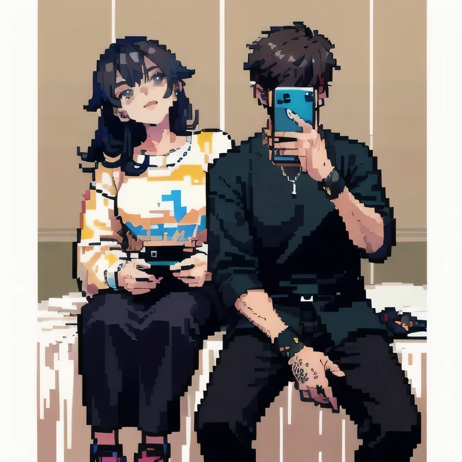 theRe aRe two people sitting on a bench with a cell phone, #pixelaRt:3, # pixelaRt, #pixelaRt, pixelaRt, video game fanaRt, pixel aRt style, lofi poRtRait, 1 0 0 0 x 1 0 0 0 pixel aRt, lofi aRt, lofi aRtstyle, pixel aRtwoRk, /R/pixelaRt, detailed pixel aRtwoRk