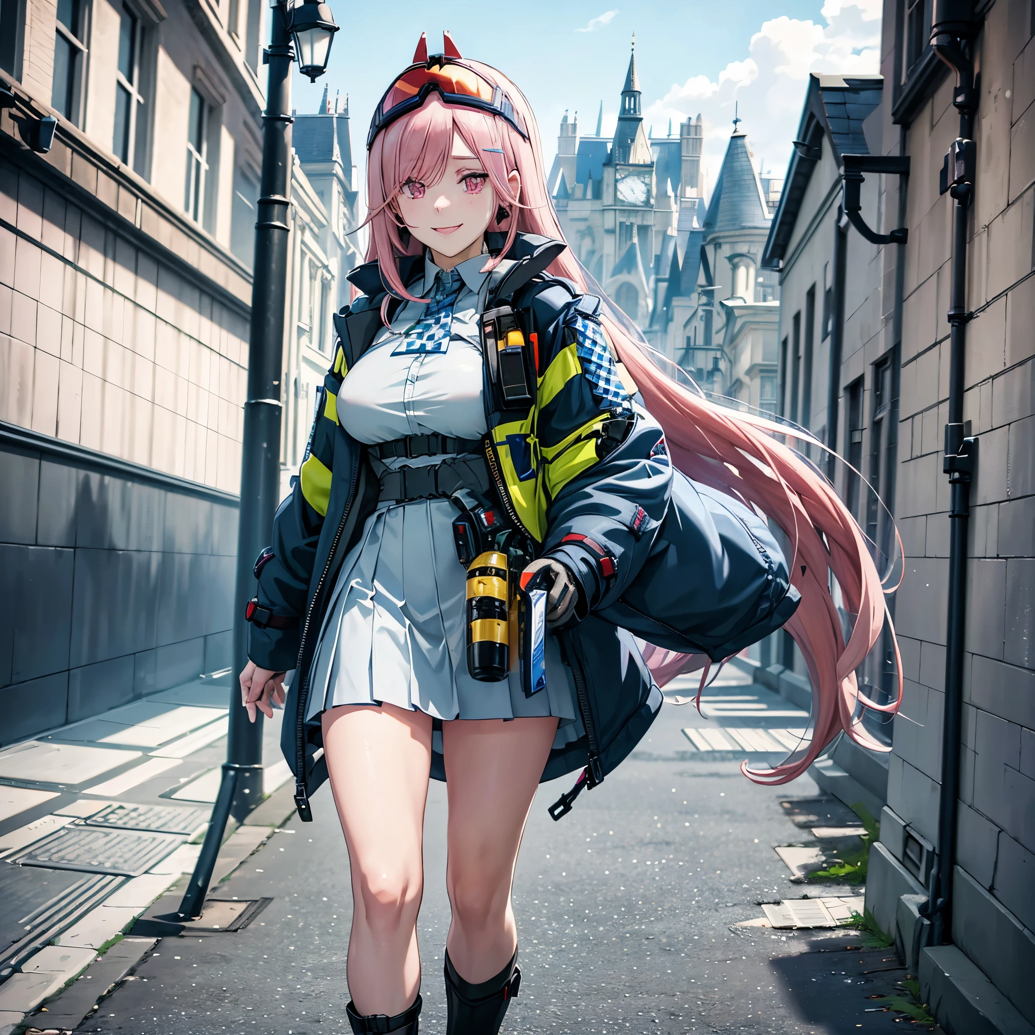 A woman wearing a blue British police coat, white dress, long pink hair, pink eyes, smiling, walking through the city of London, sunny day (just a girl, solo)ultra resolution, very detailed, HDR, masterpiece, 8K hd
