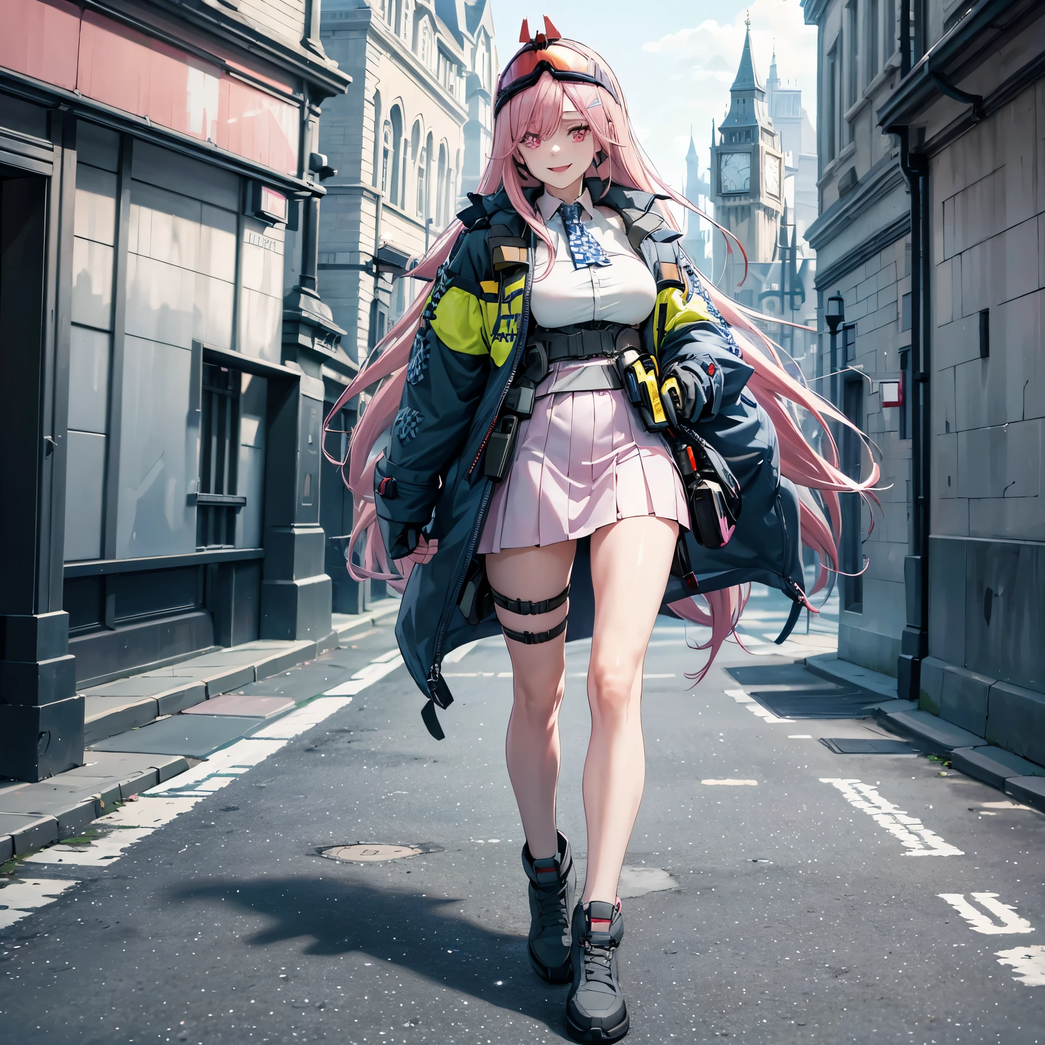 A woman wearing a blue British police coat, white dress, long pink hair, pink eyes, smiling, walking through the city of London, sunny day (just a girl, solo)ultra resolution, very detailed, HDR, masterpiece, 8K hd
