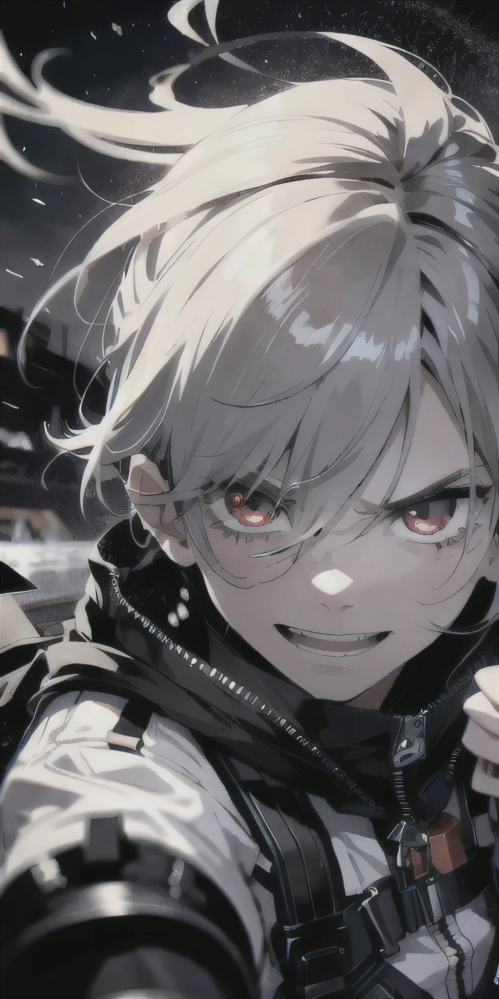 absurd solution、highest resolution、(masterpiece:1.4)、very detailed、from above、Adonis、boy universe、masterpiece, Acceleration_nffsw, (angry face:1.2), (crazy smile:1.3), crutch, silver hair,red eyes shining,photo taken up close, Swirling Wind, Lightning around the character, complex background at night, very detailed, (dark:1.3), dark, faint, nffsw, illustration, dirty