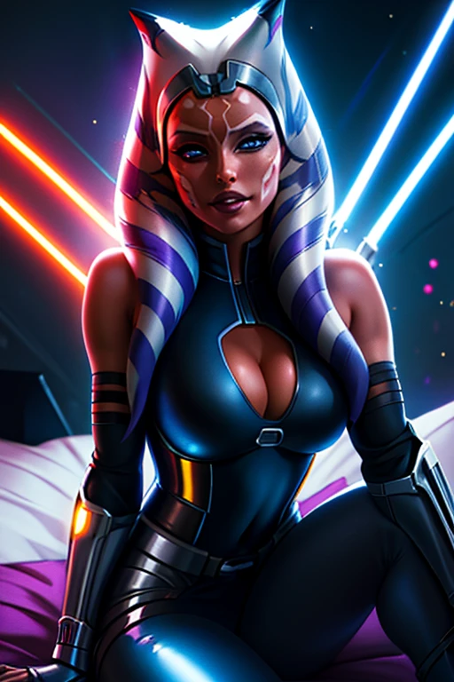 1girl, ahsoka tano, mandalorian armor, sideboob, skinny, leaning forward, close-up, pov, licking finger, naughty face, lying on the bed , beautiful face, detailed eyes, depth of field, masterpiece, high quality, highres,  Cinematic photo of Ahsoka Tano wearing Sabine Wren armor at an observatory. 35mm photograph, film, bokeh, professional, shot by David LaChapelle, 4k, highly detailed, vibrant colors, dramatic lighting.
