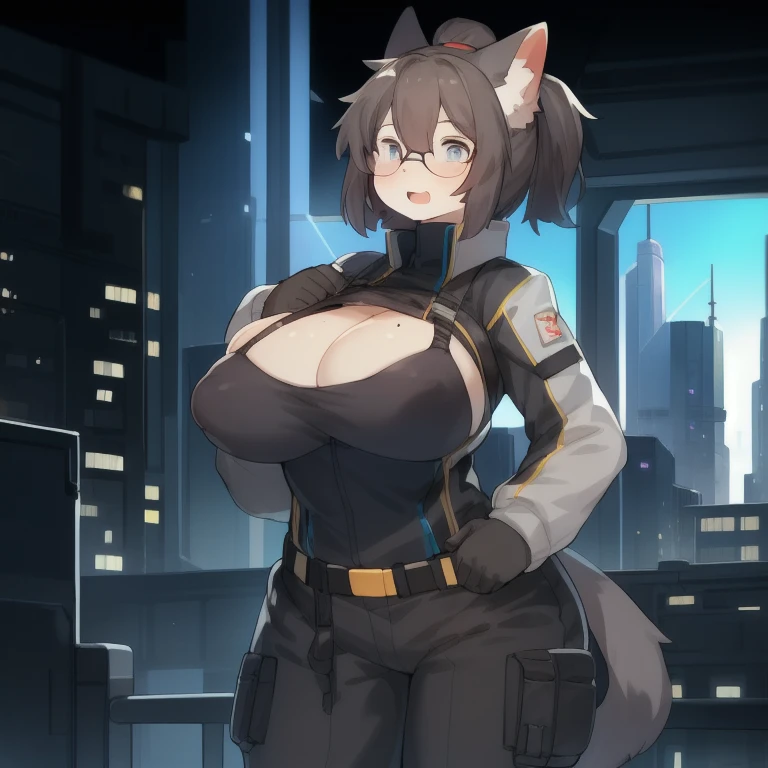 character is grayscale, fully enclosed utility undersuit worn under clothing, streamlined integrated pumps built into top, smaller waist, full squishy thighs, full wide hips, round full butt, smaller torso, more narrow torso, smaller stature and height, a bit thinner Tight tactical bodysleeve under clothing, wearing tight fitted shirt, dark grey fur, no nudity, solo, female, hair, fullbody view, detailed eyes, silver reflective colored iris, city, golden hour, plants, by bebebebebe, by buta99, by pgm300, by kishibe, by suurin 2, by sindoll, by secretly saucy, by ANUKI_ex, dark grey hair, wavy hair, no fur pattern, all dark grey body, dark grey body, feline, cat, glasses, scifi cyberpunk techwear cargo pants with utility straps, tight bra with thin top straps that connect up to harness and underbust support that struggle to hold breasts that squish and barely fit with excess breast squishing out from cleavage and sides worn under jacket, bra zips in the middle, techwear crop jacket with triangle decals, scifi devices and tactical gear, tech harness that also assist supporting her breasts, utility focused clothing, fitted scifi tactical top, scifi tactical canister attached horizontally to her belt behind her with subtle tubes leading out from each side through her clothing and up to her breasts, dark grey eyes, open mouth, facing camera, messy hair, short hair, messy ponytail, with dark grey colored fur, full body covered in black fur, freckles on her thighs back and arms, no fluids, zzzz-cup size breasts, nipple silhouette from clothing, inverted nipples, puffy nipples, squishy nipples, squishy breasts, freckles on her thighs back and arms, overfilling swollen breasts, very large swollen breasts that have difficulty fitting in clothing, silver colored areoles and nipples