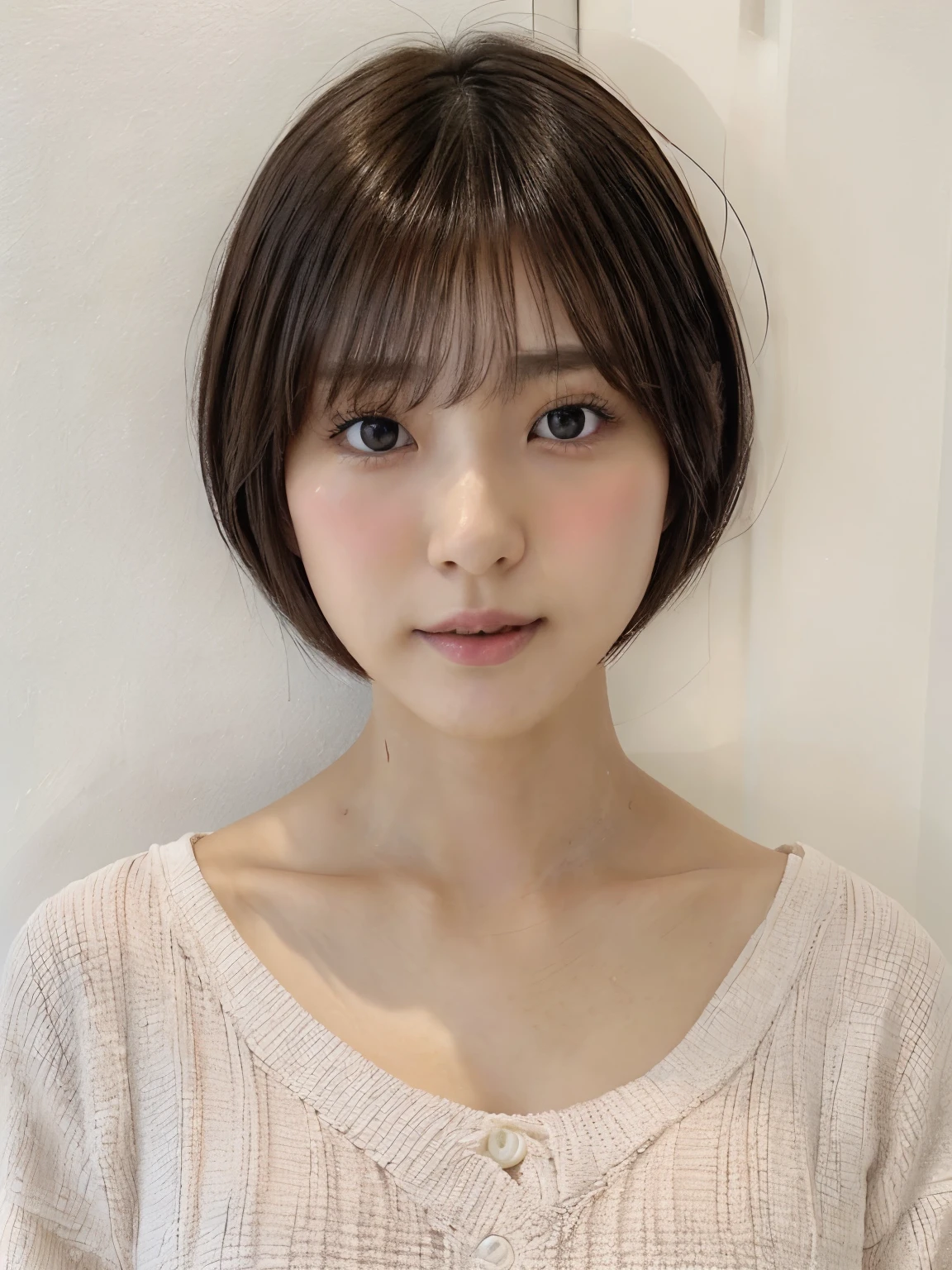 ((white wall、Taken in front of a white door、cute japanese girl、beautiful japanese girl、1 girl、clear、29-year-old、shortcut、short hair、Highly detailed face and skin texture、refinement、super detailed face、highly detailed eyes、blusher、blush、cheek、ピンクのcheekを塗ったcheek、close-up of woman、breast enhancement、Face looking to the side、Body facing sideways、look at the camera、smooth white skin、Transparent skin texture、))、(dark brown hair、bangs)、japanese model、((highest quality、8K、masterpiece:1.3、1photograph))、(4k、生photograph、highest quality)、(realistic、フォトrealistic:1.37)、Place a person on the other side of the screen、Natural light、upper body and head