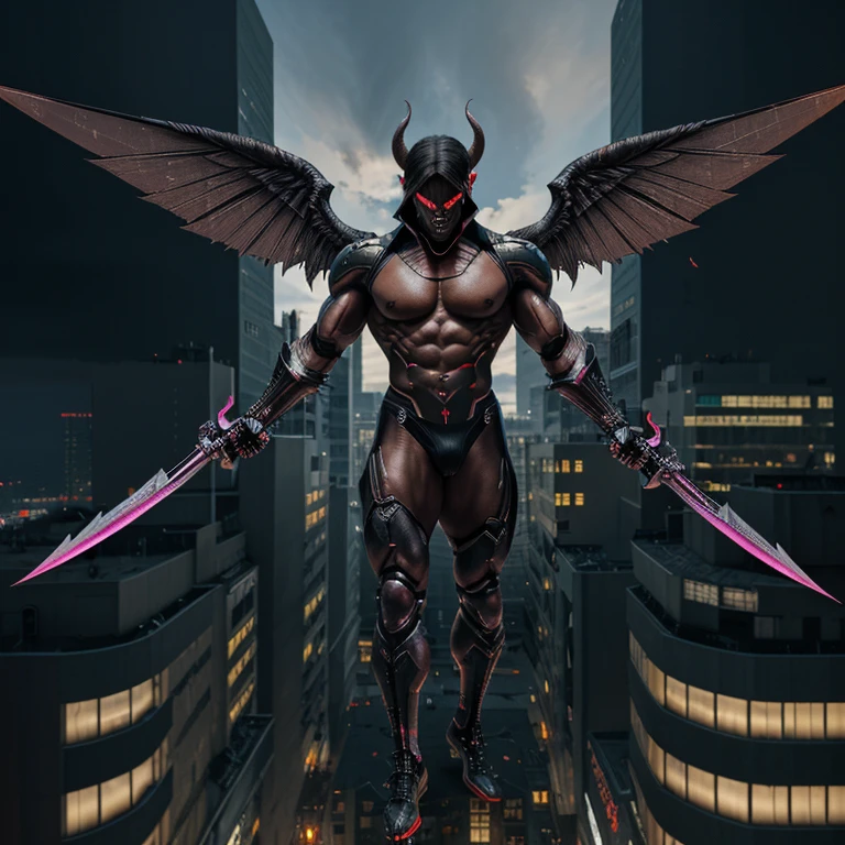 Male,Muscular figure,devil,Put on cyber armor,have wings,holding a scythe weapon,cyberpunk style,The background is flying in the air on top of a building.