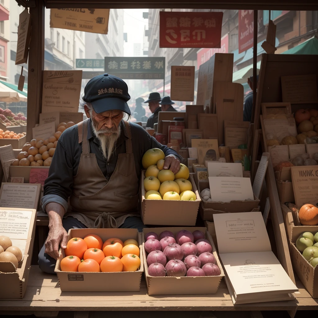 I. Despondent Vendor, Empty Market Stall

The Despondent Vendor sits slouched on the edge of his empty market stall, his head hung low in despair. His weathered face is etched with deep lines, and his eyes, once vibrant and full of life, now hold a somber emptiness. The once abundant produce that filled his stand lie wilted and withered next to him, a testament to the passage of time and the absence of customers. The air around him is heavy with the weight of his unmet expectations and the disappointment that gnaws at his very core. The vibrant hues of the market, usually bustling with activity, seem dull