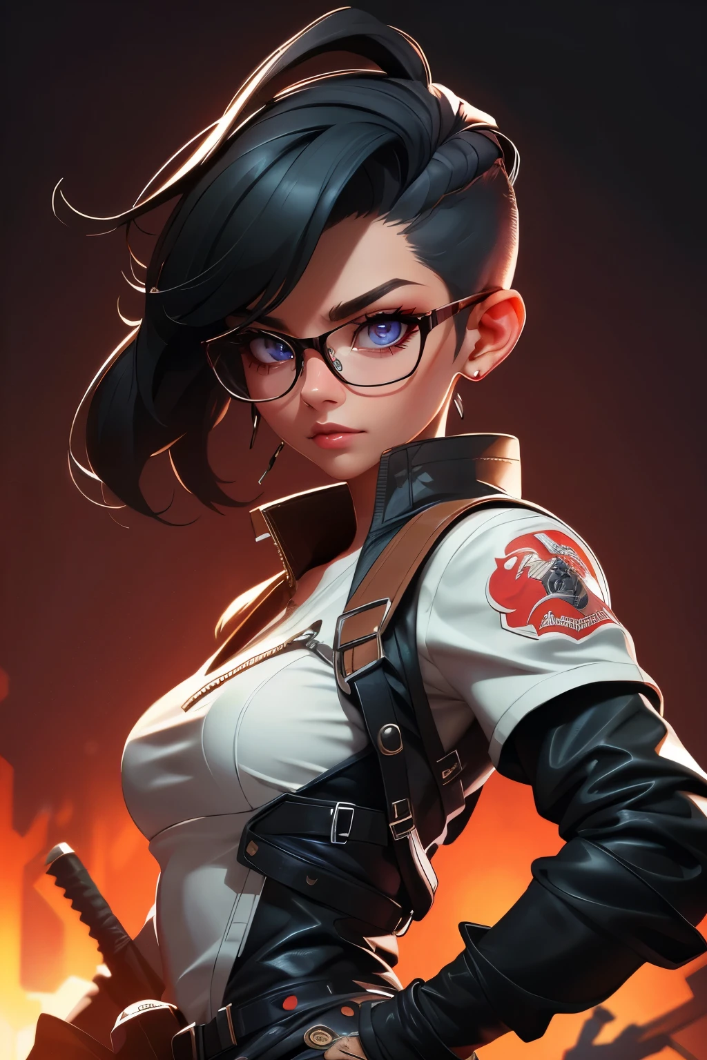 Wide angle shot, beautiful female fighter, wearing large glasses, black undercut hair, wearing large iron knuckles