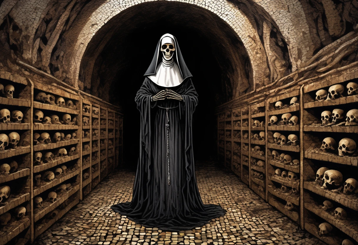 nun, in the shadows, darkness, no light source, only shades of darkness showcase the french catacombs, surrounded by artistic hand created a kind of mosaic out of these final remains of humanity, ornate intricate skeleton remains line floor to ceiling in the crampt catacombs, hand drawn, hyperrealism, expressive ink, dark drab colors, cel shading, rotoscope, hyper maximal, intense, strange