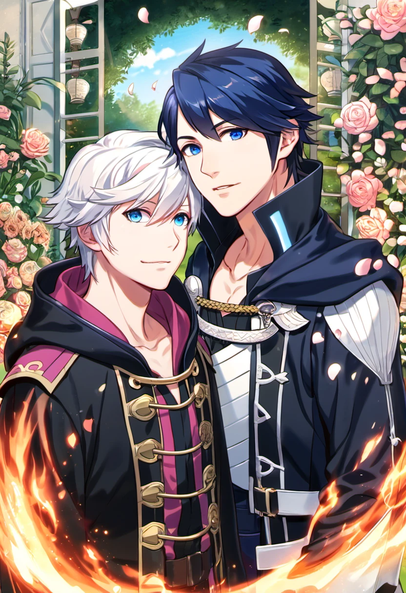 absurdres, highres, ultra detailed, HDR, master piece, best quality, Robin, white hair, expressive blue eyes, black tunic, hood, Fire Emblem Awakening, Chrom, dark blue hair, expressive blue eyes, 2men together, gay couple, handsome, petals, garden