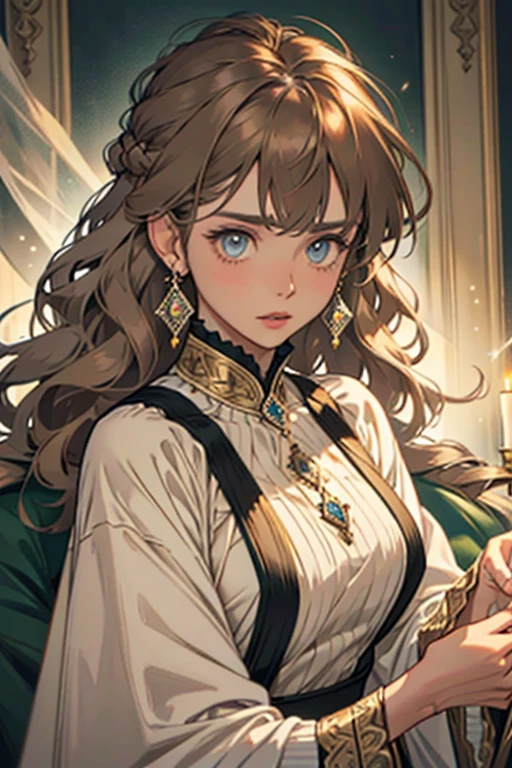 The Old Woman of the Wizard of Light, , Long side-swept bangs wavy light brown hair, Crystal Eyes, Ethnic Earrings, Fashion Out It