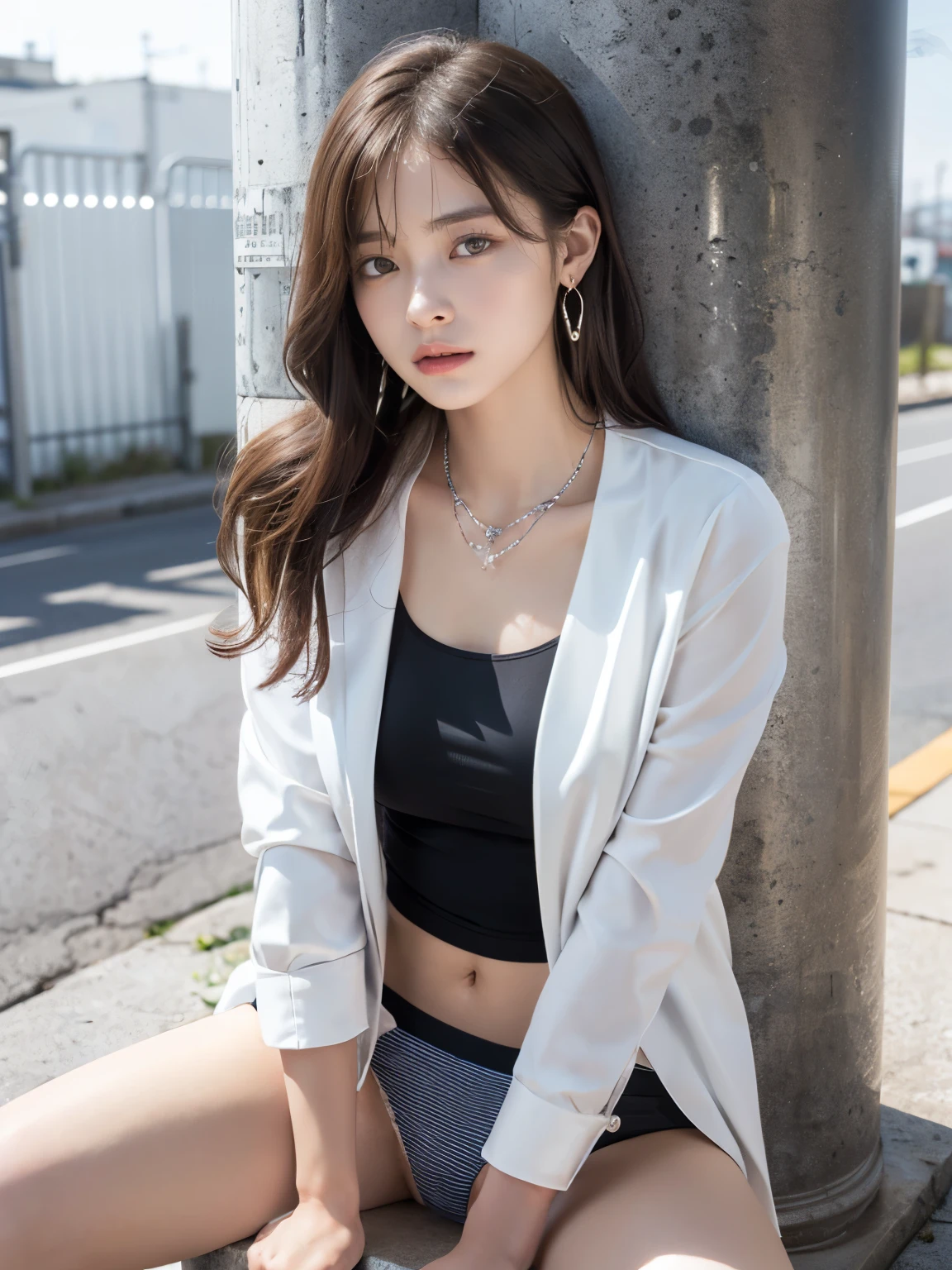 high-definition full-color images, atmospheric perspective, 8k, super detail, accurate, best quality, angle from below, a woman, ((realistic skin)), drooping eyes, ecstasy, sleepy, small eyes, (((straddling to hit her panties onto the thin decorative aluminum bollard))), tiny earrings, thin necklace, (jacket, thin shirt, skirt), (open legs), ((swollen areolas are visible through the shirt)), (((body hair on the lower abdomen))), hide her crotch with a skirt, outside at the factory area,