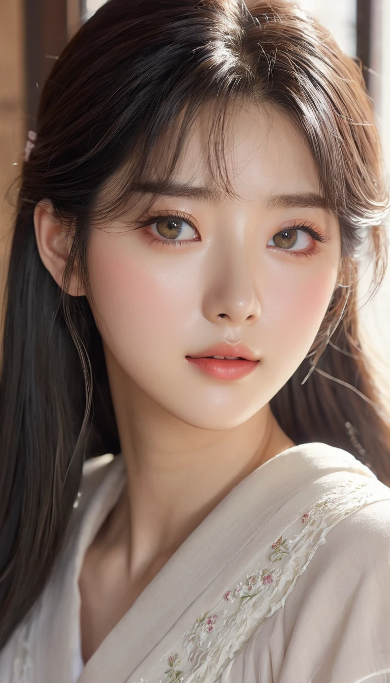 There is a woman, upper body, long hair, delicate skin texture and cloth texture, delicate eyes, long eyelashes, double eyelids, no clothes, bae suzy, Ghibli anime style, no skirt, inspired by Shen Se-jung, elegant no clothing style, innocent