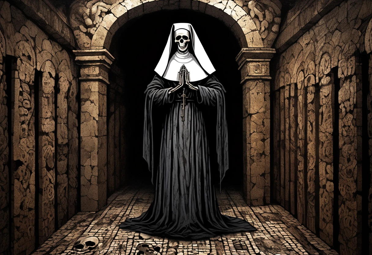 nun, in the shadows, darkness, no light source, only shades of darkness showcase the french catacombs, surrounded by artistic hand created a kind of mosaic out of these final remains of humanity, ornate intricate skeleton remains line floor to ceiling in the crampt catacombs, hand drawn, hyperrealism, expressive ink, dark drab colors, cel shading, rotoscope, hyper maximal, intense, strange