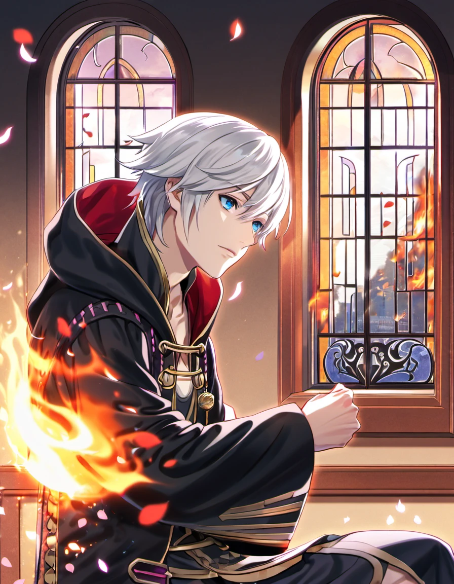 absurdres, highres, ultra detailed, HDR, master piece, best quality, Robin, white hair, expressive blue eyes, black tunic, hood, Fire Emblem Awakening, 1man, handsome, window, moon, petals 