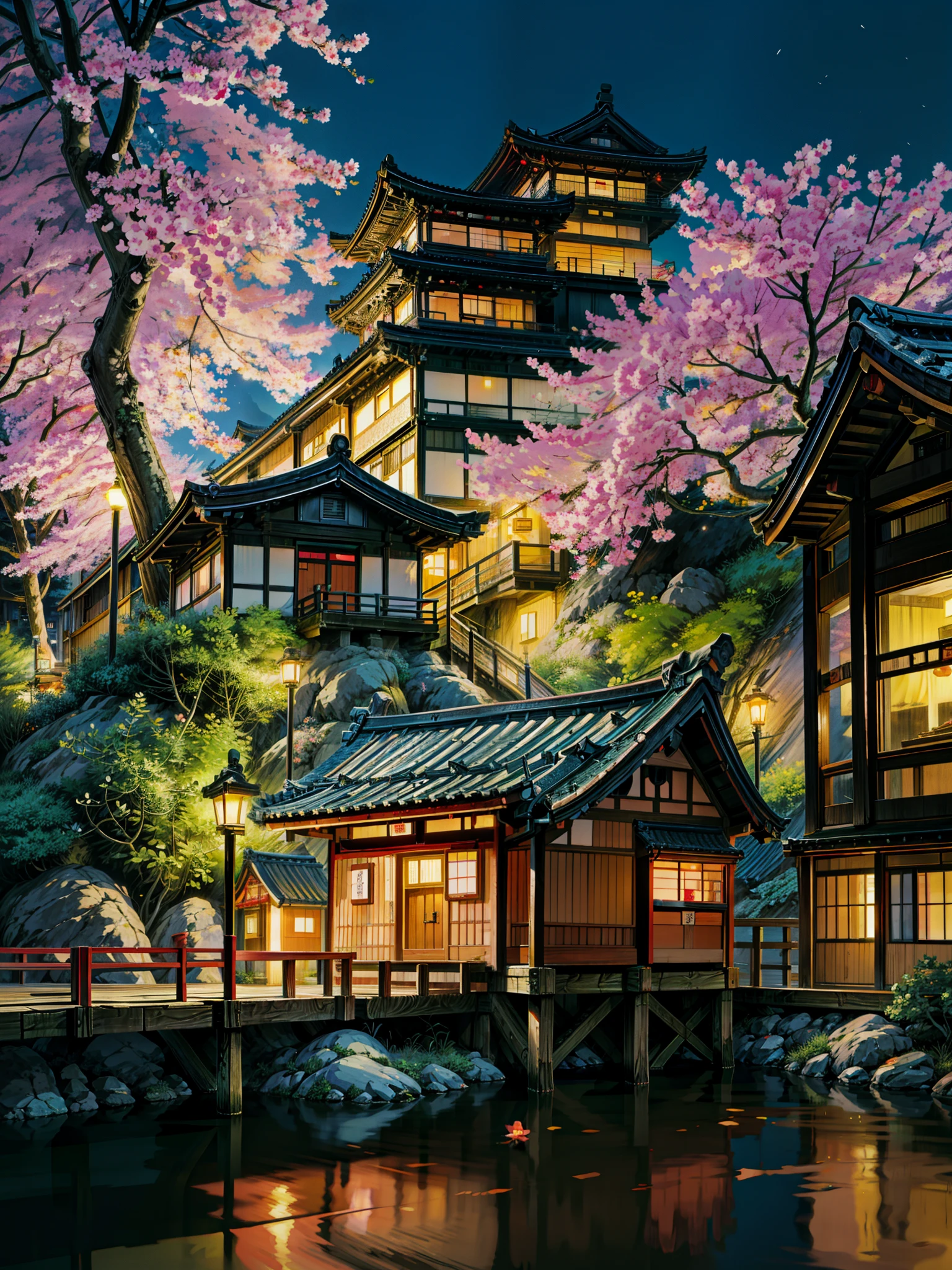 a building that has a bunch of flowers on it, japan at night, in a japanese town at night, japan travel aesthetic, japanese city at night, kyoto, japanese neighborhood, tokyo izakaya scene, japanese street, ghibli spirited away vibe, quiet tokyo alley at night, in tokyo at night, dreamy chinese town, by Torii Kiyomasu, studio ghibli environment, 4k hd,, beautiful art uhd 4 k, a beautiful artwork illustration, beautiful digital painting, highly detailed digital painting, beautiful digital artwork, detailed painting 4 k, very detailed digital painting, rich picturesque colors, gorgeous digital painting