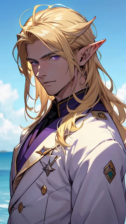 (masterpiece), best quality, high quality, 1 boy, beautiful face, handsome, sunlight, elf ears, pointy ears, handsome, blonde hair, long hair, purple eyes, soldier clothes, upper body, sea background, looking straight, purple eyes,