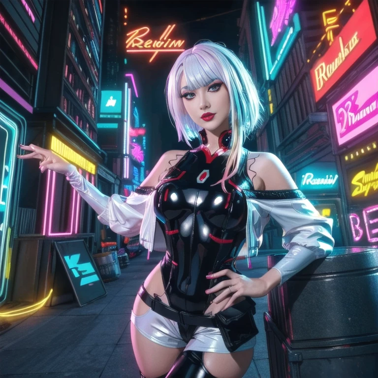 lucy_cyberpunk, cowboy shot, 1 sweet girl,white short hair, bangs, ((red eyeliner)), ((makeup)),red lips, white off-shouler jacket, black bodysuit, bare shoulders, white shorts, hip vent, (dynamic pose), looking at viewer, upper body,fantasy, high contrast,cityscape, neon lights, neon trim, ((cyberpunk)), (8k, RAW photo, best quality, masterpiece:1.2),ultra-detailed, (high detailed skin:1.2), 8k uhd, dslr, soft lighting, high quality,   