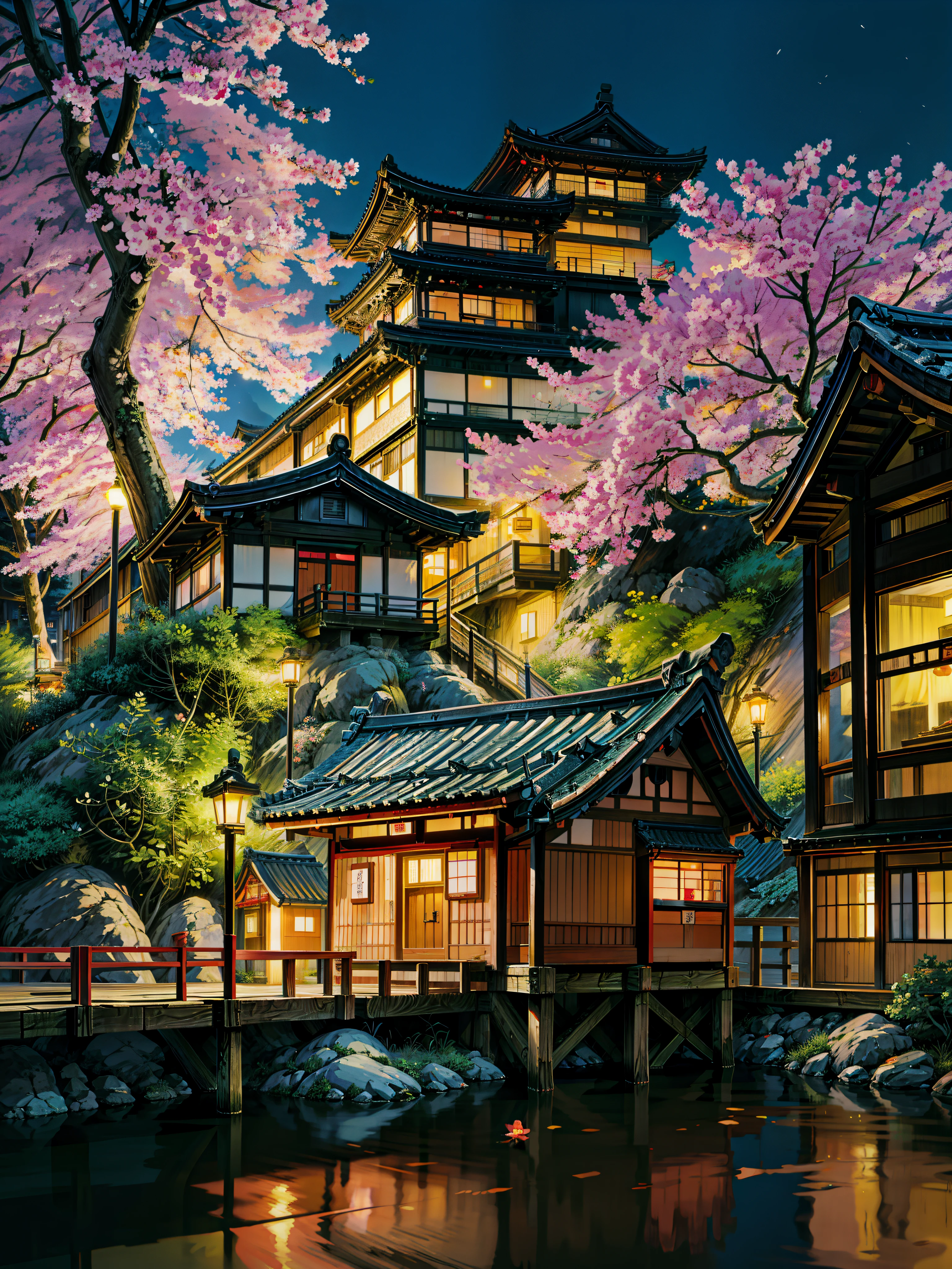 a building that has a bunch of flowers on it, japan at night, in a japanese town at night, japan travel aesthetic, japanese city at night, kyoto, japanese neighborhood, tokyo izakaya scene, japanese street, ghibli spirited away vibe, quiet tokyo alley at night, in tokyo at night, dreamy chinese town, by Torii Kiyomasu, studio ghibli environment, 4k hd,, beautiful art uhd 4 k, a beautiful artwork illustration, beautiful digital painting, highly detailed digital painting, beautiful digital artwork, detailed painting 4 k, very detailed digital painting, rich picturesque colors, gorgeous digital painting