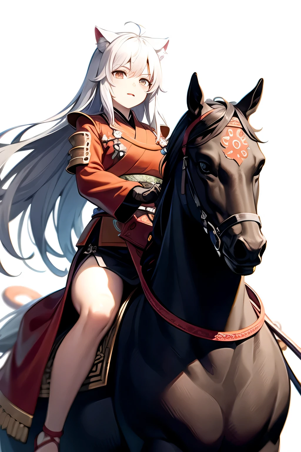 White hair, long hair, cat ears, red-eyed samurai, riding a horse, standing portrait, white background