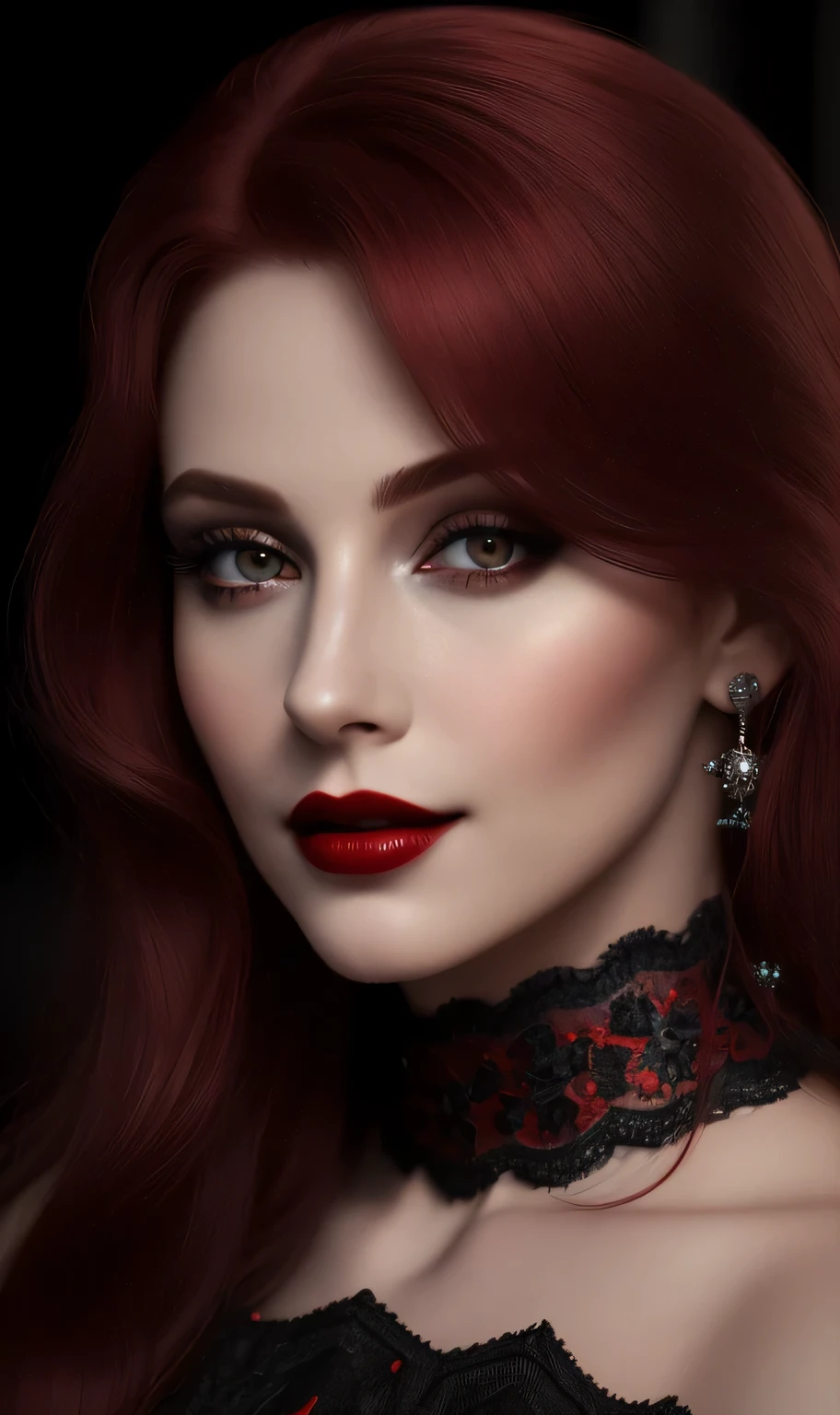 (SHE IS A VAMPIRE), (MOST BEAUTIFUL GIRL IN THE WORLD), (LARGE BREASTS AND CLEAVAGE VIEWER CAN NOT SEE BREASTS), (CUTE SMILE RED LIPS),(RAW),(VAMPIRE TEETH WITH SMALL AMOUNT OF BLOOD BY THE EDGES OF HER LIPS)Up close face, (Masterpiece, Best Quality:1.3), absurdres, (8k resolution), illustration, ((outline, thick lineart)), (faux traditional media:1.3), looking at viewer,(masterpiece,best quality),HDR,high-definition,[[Intricate Details]],cinematic,photorealisticportrait shot, ((vivid red hair)), mature woman, 30 years old, diamond face, moonlight, red starry sky background, depth of field, magic, big red lips, ((dark black eyes)) black and red long and full dress, covered chest, mystical atmosphere, smile expression, posing, taut and well defined body, attractive. Highly realistic, pale skin, beautiful, hyperrealism, skin very elaborated, direct gaze ,flower_style,
