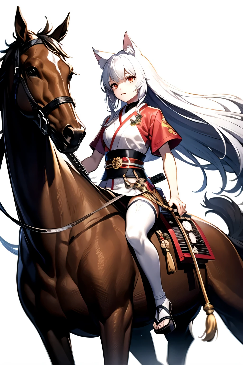 White hair, long hair, cat ears, red-eyed samurai, riding a horse, standing portrait, white background