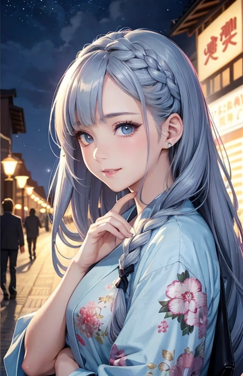 masterpiece、highest quality、High resolution、high quality images、8K, 1 female、skin luster、Texture of skin and clothing、Expression of fine eyes、shiny silver hair,Girl with long braided hair, Manga inspired by Lee Jong-suk, trending on deviantart, realism, detailed manga style, manga art style, perfect line drawing, beautiful line drawing, digital manga art girl, K-POPアイドル, yukata , beautiful light blue eyes, plump lips, detailed gorgeous face, (cute smile), charm, innocent, Side view, (perfectly detailed face), (fine hands) photorealistic images, Depth of written boundary, Princess Hairstyles, yukata , Night festival in the background , firework , Goldfish , romanticism,