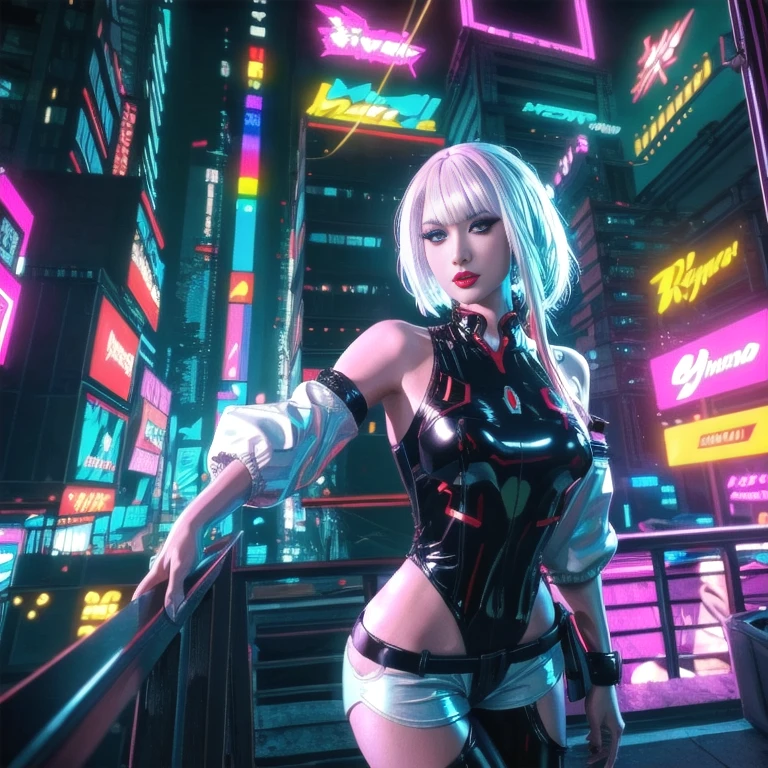 lucy_cyberpunk, cowboy shot, 1 sweet girl,white short hair, bangs, ((red eyeliner)), ((makeup)),red lips, white off-shouler jacket, black bodysuit, bare shoulders, white shorts, hip vent, (dynamic pose), looking at viewer, upper body,fantasy, high contrast,cityscape, neon lights, neon trim, ((cyberpunk)), (8k, RAW photo, best quality, masterpiece:1.2),ultra-detailed, (high detailed skin:1.2), 8k uhd, dslr, soft lighting, high quality,   