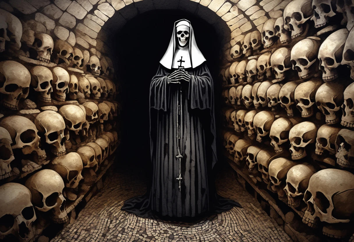 nun, in the shadows, darkness, no light source, only shades of darkness showcase the french catacombs, surrounded by artistic hand created a kind of mosaic out of these final remains of humanity, ornate intricate skeleton remains line floor to ceiling in the crampt catacombs, hand drawn, hyperrealism, expressive ink, dark drab colors, cel shading, rotoscope, hyper maximal, intense, strange