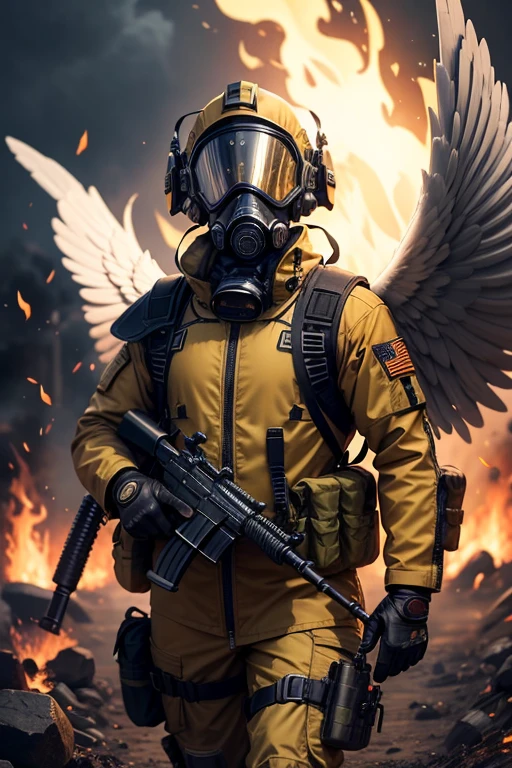 Angel warrior with divine aura wearing a yellow army suit and holding a fire weapon, face hidden behind a gas mask, battlefield and army scenario. He has a whale logo on the clothe