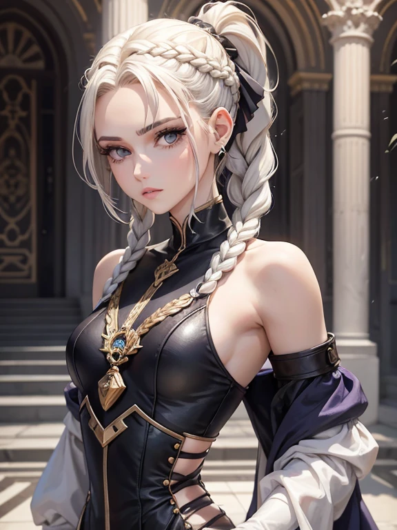 Cassandra is a tall, fair-skinned young woman., olhos cinzentos e cabelos brancos ondulados com mechas grisalhas, braided into a high ponytail with lots of small braids. Two locks of hair and asymmetrical bangs run down the sides of the face. Geralmente usa roupas cinza e pretas
