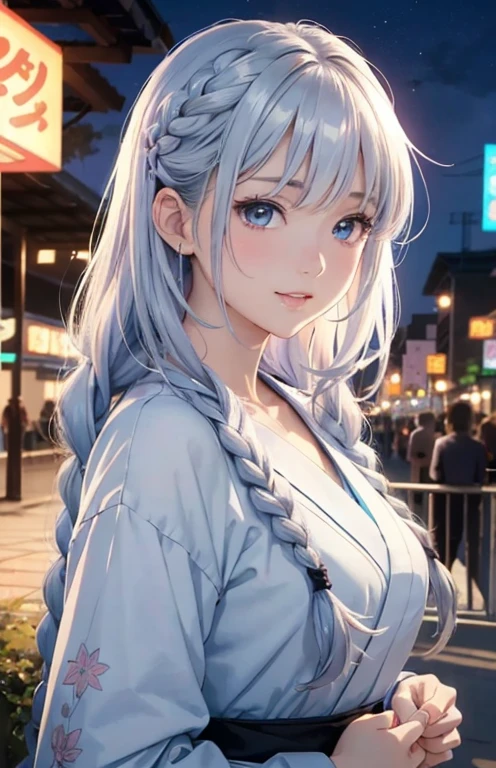 masterpiece、highest quality、High resolution、high quality images、8K, 1 female、skin luster、Texture of skin and clothing、Expression of fine eyes、shiny silver hair,Girl with long braided hair, Manga inspired by Lee Jong-suk, trending on deviantart, realism, detailed manga style, manga art style, perfect line drawing, beautiful line drawing, digital manga art girl, K-POPアイドル, yukata , beautiful light blue eyes, plump lips, detailed gorgeous face, (cute smile), charm, innocent, Side view, (perfectly detailed face), (fine hands) photorealistic images, Depth of written boundary, Princess Hairstyles, yukata , fireworks on the background , Goldfish , romanticism,