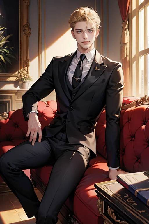 (tmasterpiece, high resolution, ultra - detailed:1.0), (1boy, Young male), Perfect male body, Eyes look at the camera, Extremely detailed CG, Unity 8k wallpaper, Complicated details, solo person, Detailed face, (with short golden hair, Forehead exposed, Black suit, Black shirt, 3-piece-suit, Sit on the sofa in a luxurious room), (Evil smile),(Mafia), color difference, Depth of field, dramatic shadow, Ray tracing, Best quality, offcial art, Portrait,Dark wallpaper,