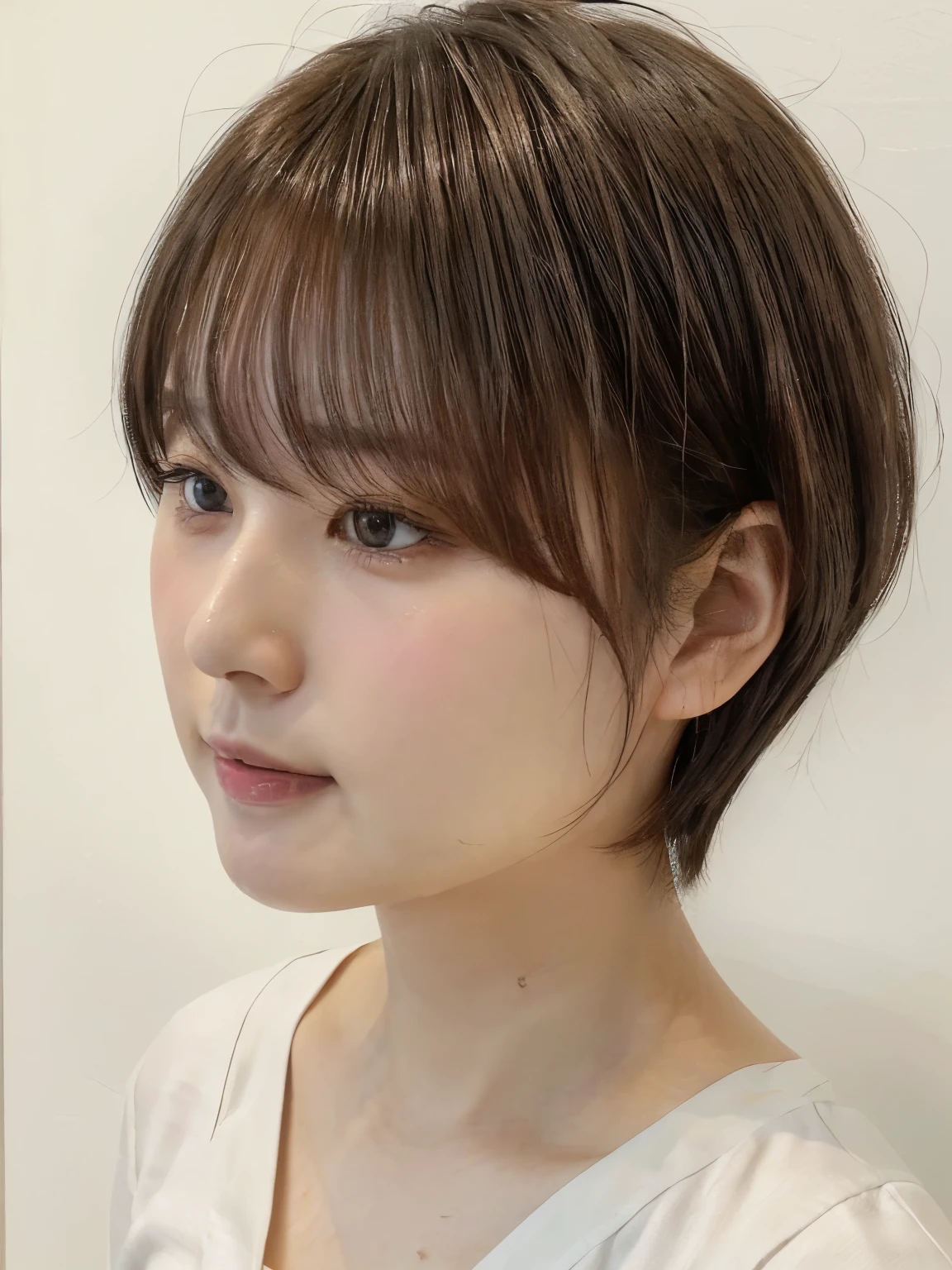 ((white wall、Taken in front of a white door、cute japanese girl、beautiful japanese girl、1 girl、clear、29-year-old、shortcut、short hair、Highly detailed face and skin texture、refinement、super detailed face、highly detailed eyes、blusher、blush、cheek、ピンクのcheekを塗ったcheek、table top、breast enhancement、Face looking to the side、Body facing sideways、look at the camera、smooth white skin、Transparent skin texture、))、(dark brown hair、bangs)、japanese model、((highest quality、8K、masterpiece:1.3、1photograph))、(4k、生photograph、highest quality)、(realistic、フォトrealistic:1.37)、Place a person on the other side of the screen、Natural light、upper body and head