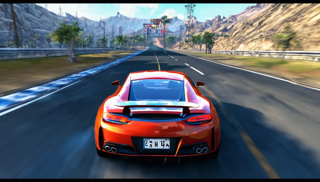 Playing High graphics super Car game in computer screen shot from car back view with break and accelator