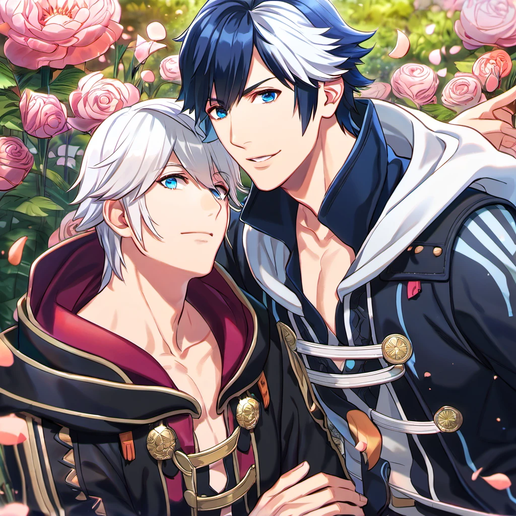 absurdres, highres, ultra detailed, HDR, master piece, best quality, Robin, white hair, expressive blue eyes, black tunic, hood, Fire Emblem Awakening, Chrom, dark blue hair, expressive blue eyes, 2men together, gay couple, handsome, petals, garden
