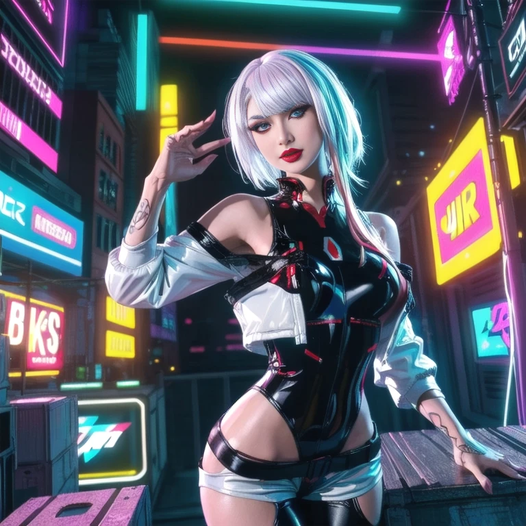 lucy_cyberpunk, cowboy shot, 1 sweet girl,white short hair, bangs, ((red eyeliner)), ((makeup)),red lips, white off-shouler jacket, black bodysuit, bare shoulders, white shorts, hip vent, (dynamic pose), looking at viewer, upper body,fantasy, high contrast,cityscape, neon lights, neon trim, ((cyberpunk)), (8k, RAW photo, best quality, masterpiece:1.2),ultra-detailed, (high detailed skin:1.2), 8k uhd, dslr, soft lighting, high quality,