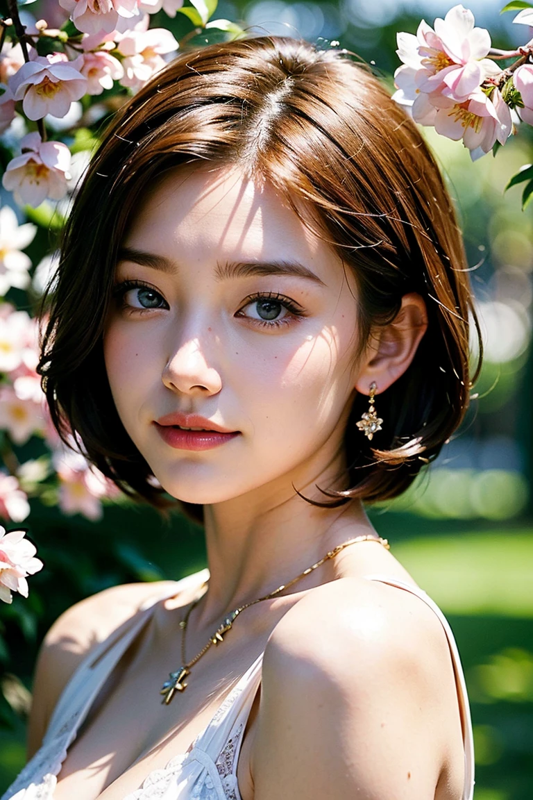 Save this image、Pale face and eyes:1.3、薄くてPale face and eyes:1.3, blue eyes:1.3、8K, {highest quality}, {{masterpiece}}, {very delicate and beautiful}, outstanding light and shadow, highly detailed wallpaper, clear and bright sunlight、 1 girl, , Short golden bob hair:1.3, strong sunlight,  Summer:1.5, highly detailed face、 golden ratio、 delicate hair, B cup breasts, realistic skin texture, visible wrinkles on the skin., broad shoulders,window, ((a strong light shines on your face)), cowboy shot:1.5, necklace、ring、earrings、smile:1,5, A park with cherry blossoms in full bloom:1.5