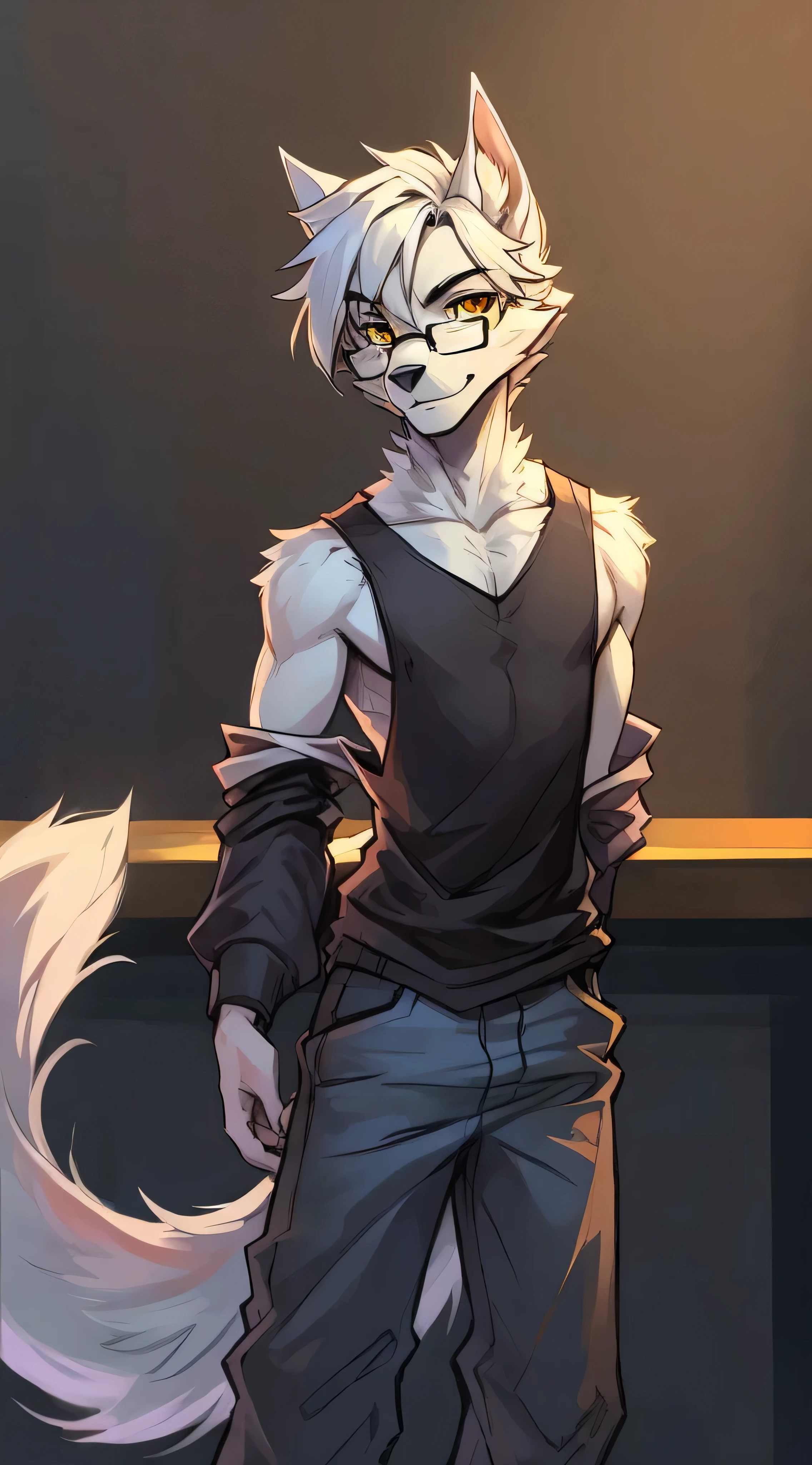 Male, arctic wolf, detailed yellow eyes, long tail, bartender, loose baggy jeans, slim, sly, simple background, glasses