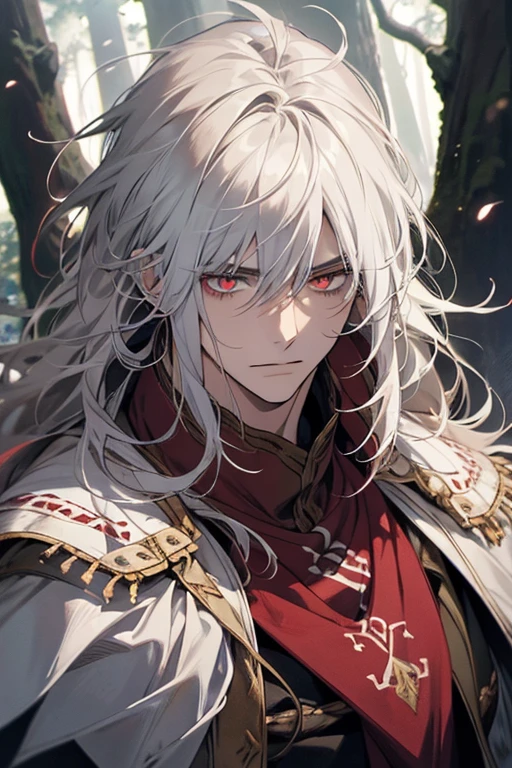 1male, calm, age 35 face, long messy hair with bangs, white hair, red colored eyes, (druid, forest, howl), druid armour