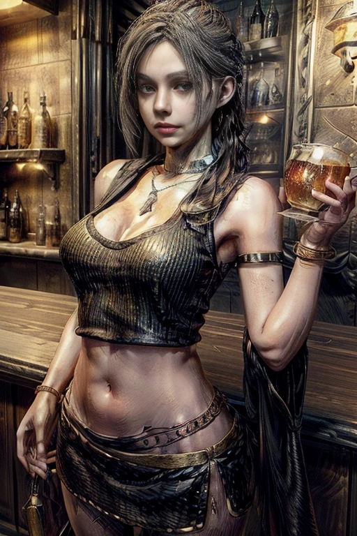 a girl belly dancing, black hair, shiny sequin top outfit, skirt, waist chain, heavy beaded necklace, scarf set with headpiece band, shiny emerald earring, ankle bracelet, arm cuffs, chains, coins metal discs, golden, vintage old bar, wooden traditional bar, shelf full of beer and wine bottles, crowded place, people cheering with beer, yellow lighting, reflections, perceptiveness, cinematic lighting, tonalism, detailed, masterpiece