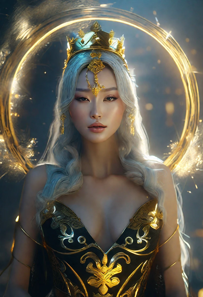 a woman in a black dress Wearing a gold crown on her head, beautiful fantasy empress, Golden lotus princess, Portrait of the Queen of Light, ((beautiful fantasy empress)), 日本のgoddess, unreal engine rendering + goddess, Wallop and Lost Run, Gold crown and filament, empress of china, fantasy photography, 非常に詳細なgoddessのショット, Wearing a gold crown