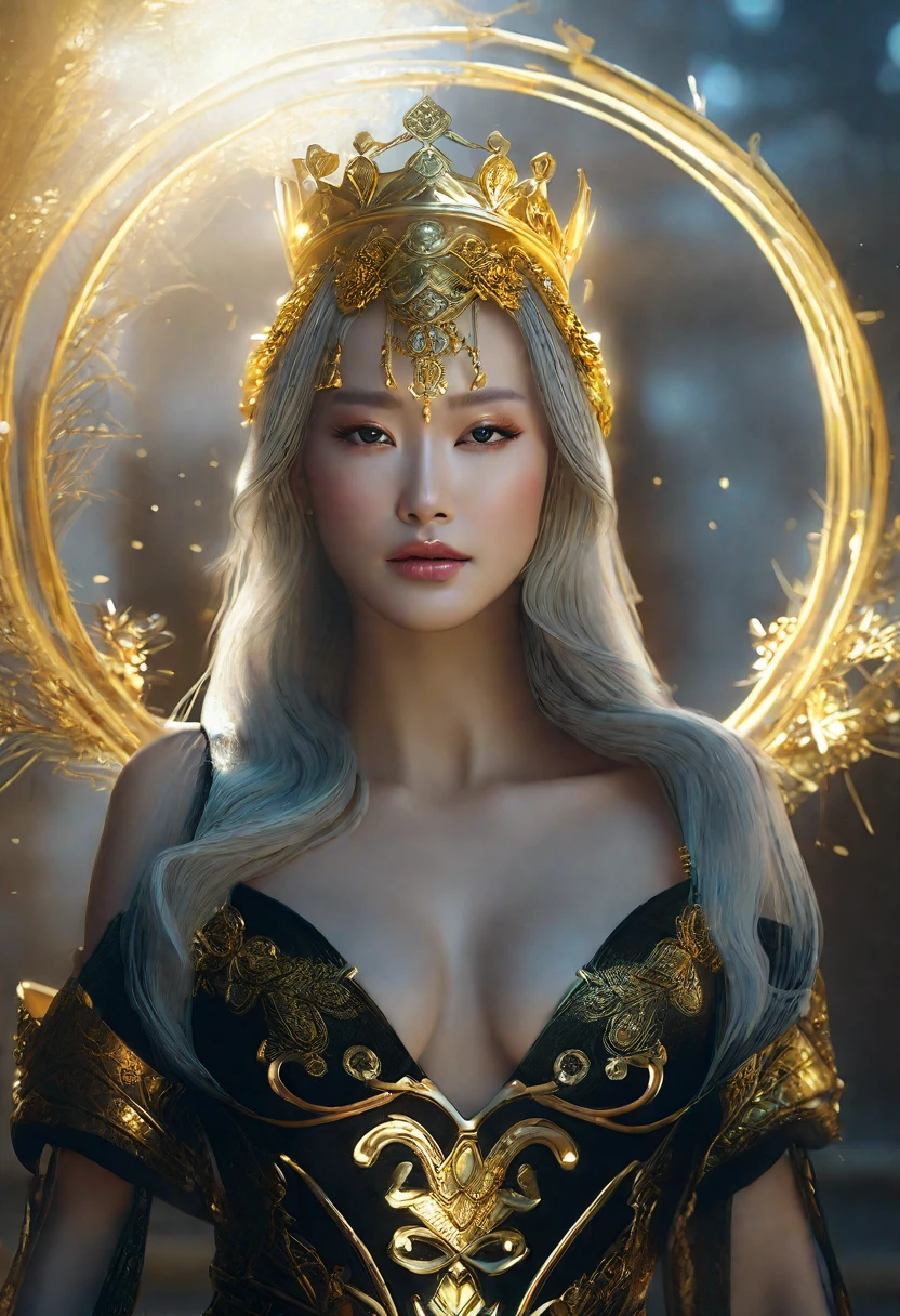 a woman in a black dress Wearing a gold crown on her head, beautiful fantasy empress, Golden lotus princess, Portrait of the Queen of Light, ((beautiful fantasy empress)), 日本のgoddess, unreal engine rendering + goddess, Wallop and Lost Run, Gold crown and filament, empress of china, fantasy photography, 非常に詳細なgoddessのショット, Wearing a gold crown