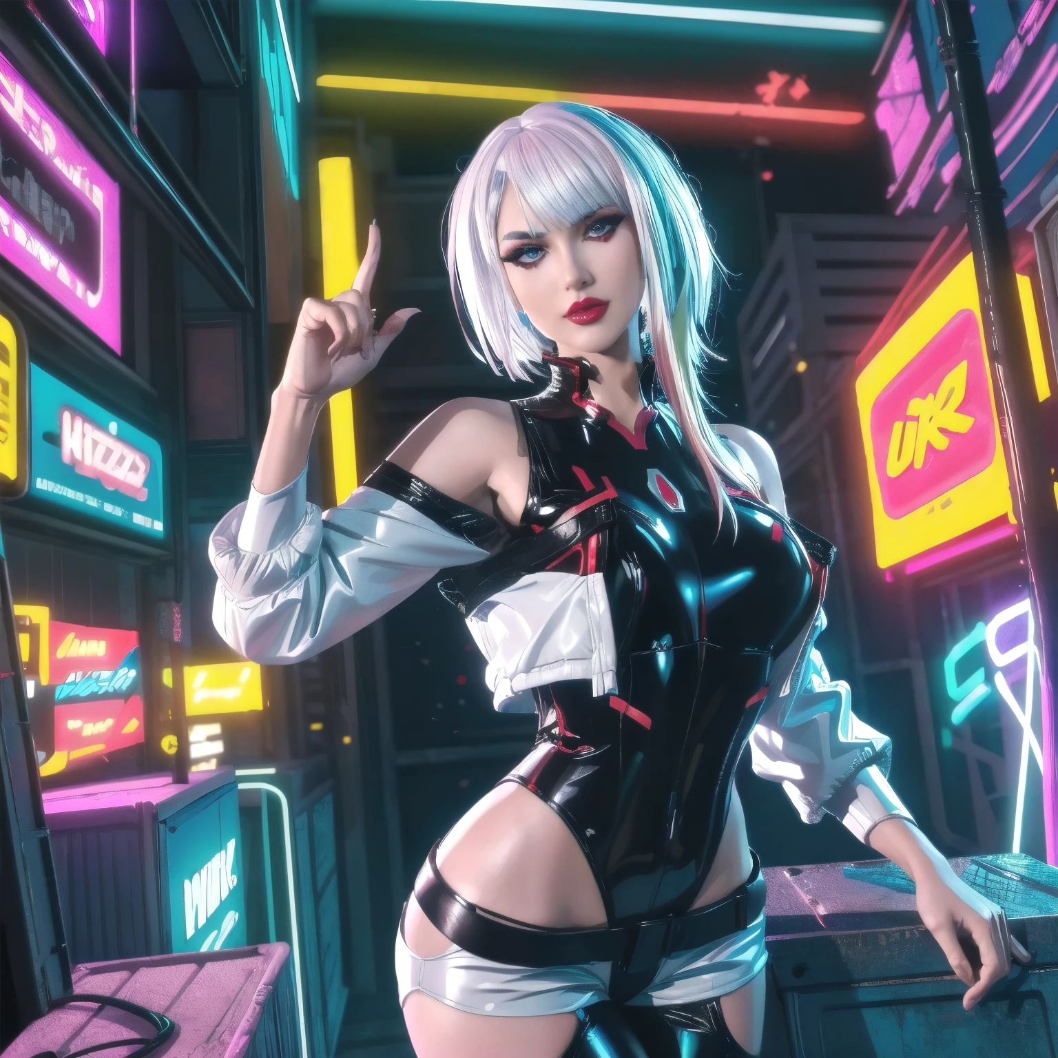 lucy_cyberpunk, cowboy shot, 1 sweet girl,white short hair, bangs, ((red eyeliner)), ((makeup)),red lips, white off-shouler jacket, black bodysuit, bare shoulders, white shorts, hip vent, (dynamic pose), looking at viewer, upper body,fantasy, high contrast,cityscape, neon lights, neon trim, ((cyberpunk)), (8k, RAW photo, best quality, masterpiece:1.2),ultra-detailed, (high detailed skin:1.2), 8k uhd, dslr, soft lighting, high quality,