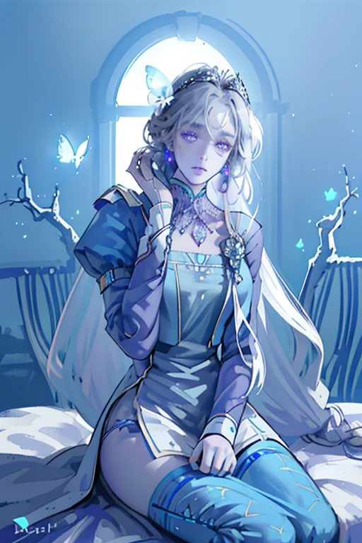 (masterpiece, best quality: 1.4), Detailed background, White crystal, crystal cluster, long hair, jewelry, earrings, necklace, crown, bride, white hair, halo, (overlooking), dynamic angle, Super detailed, illustration, close up, Look directly, 1 girl, (fantasy: 1.4), (purple eyes: 1.233), Her eyes sparkle like dreamy stars, (glowing eyes: 1.233), (beautiful and delicate eyes: 1.1), (silver hair: 1.14), (messy hair, Very long hair, French braid, hair between eyes, side hair), (+(Blue hair flower: 1.14)), (Chiffon Dress, Uniform blue flower pattern)/= (military uniform: 1.24), (Slit sleeves, wide sleeves), (fingerless gloves), collar, (Miko stockings), high-heel boots, (Poker face, shut up), (permanent), (Classical princess boudoir with dressing table and floor-to-ceiling windows in a white ancient palace), (white flower, bloom), (deep sea), (flowing water), (dark blue world tree:1.14),(ruins),(night:1.2),fantastic,soul,(fluorescence),(Flying translucent blue butterfly:1.15),[slender fingers and hands:0.55]::0.85], (Finger details), (yubao:0.5)
