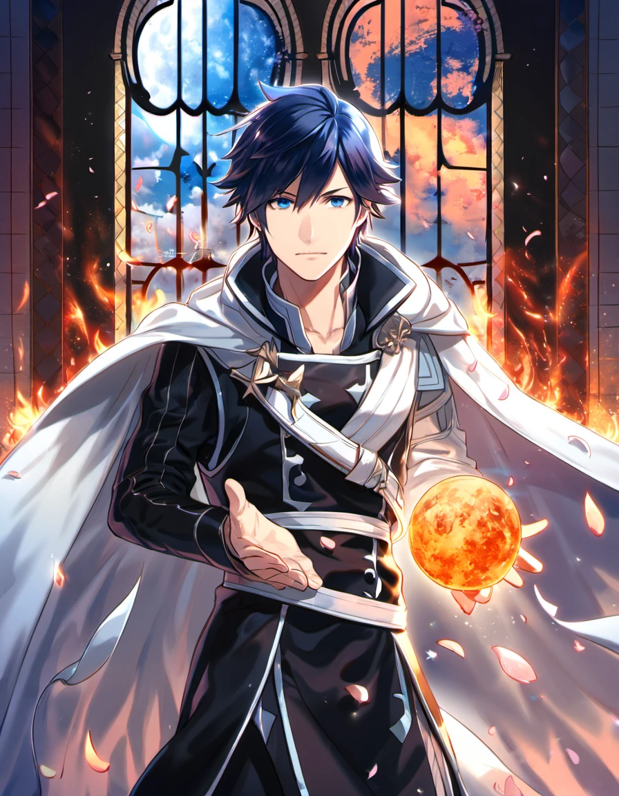 absurdres, highres, ultra detailed, HDR, master piece, best quality, Chrom, dark blue hair, expressive blue eyes, black clothes, white cape, Fire Emblem Awakening, 1man, handsome, window, moon, petals