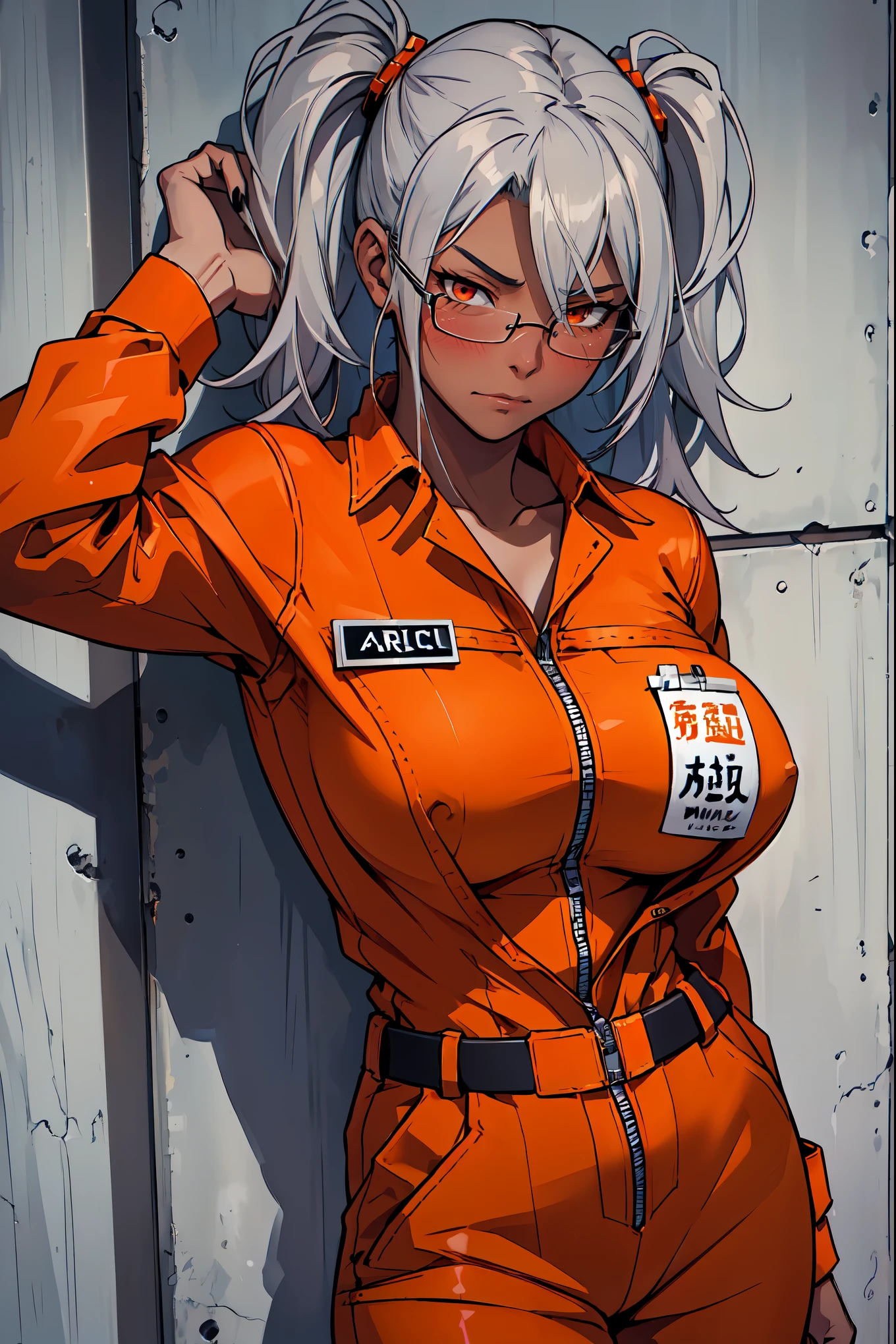 ((Masterpiece, highest quality; 1.3)), super quality, beautiful detail, super detailed, extra fine, 16K, exquisite, absurd, high resolution, beautiful background, detailed background, beautiful eyes, beautiful skin, anime style, 1 female, solo, Angle from the front, (((D-Class Prisoner, Orange jumpsuit, character portrait, High resolution, detailed texture, realistic shadow, Stylized prison tattoos all over his body:1.5, Dismal presentation, Face with scars, rough skin, The atmosphere is cold, Dim cell, Metal bars in the background, intense, expressive, dramatic, masterpiece:1.0))), (((She is naked and wearing an orange jumpsuit:1.5))), ((Has a nameplate:1.5)), ((Huge breasts that hang heavy:1.5)), cleavage, Huge nipples covered, cameltoe, musashi_kantaicollection, dark-skinned_female, dark_skin, glasses, long_hair, hair_between_eyes, breasts, large_breasts, white_hair, twintails, brown_eyes, red_eyes, blush, semi-rimless_eyewear, black_nails, grey_hair, anger:1.1, dissatisfied look:1.1, Orange jumpsuitを着たprisoner, with labels "D-Class" prominently displayed on the chest, Pose confidently for a person portrait. 鮮明な画像がHigh resolutionでレンダリングされます, 精巧に描かれた質感とrealistic shadow. prisoner