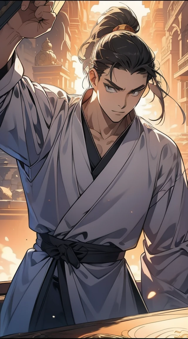 Two dimensions，anime style，one person（male warrior），proportions are correct，facial details，swordsman，high ponytail hairstyle，neck detail，Have an Adam&#39;s apple，Black period costume，joke，black toga，clothing details，Handing over，long sleeves，Game quality，fencing，Ray tracing，Ray tracing，Detailed glow，CG rendering，hair details，long black hair，blue eyes，Handsome，Handsome，（Youthful feeling），Clothing is complicated，Perfect composition，refine，high quality，higher detailany details，Complex background，a sense of atmosphere，