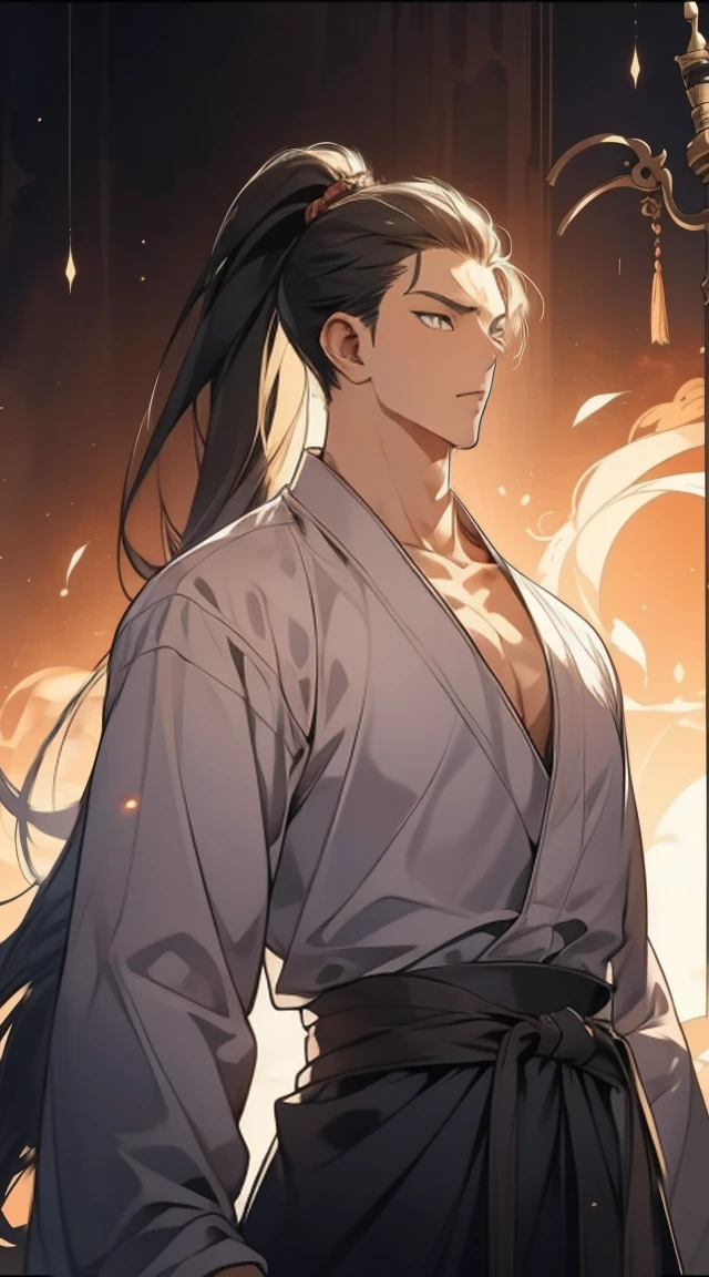 Two dimensions,anime style,one person(male warrior),proportions are correct,facial details,swordsman,high ponytail hairstyle,neck detail,Have an Adam's apple,Black period costume,joke,black toga,clothing details,Handing over,long sleeves,Game quality,fencing,Ray tracing,Ray tracing,Detailed glow,CG rendering,hair details,long black hair,blue eyes,Handsome,Handsome,(Youthful feeling),Clothing is complicated,Perfect composition,refine,high quality,higher detailany details,Complex background,a sense of atmosphere,