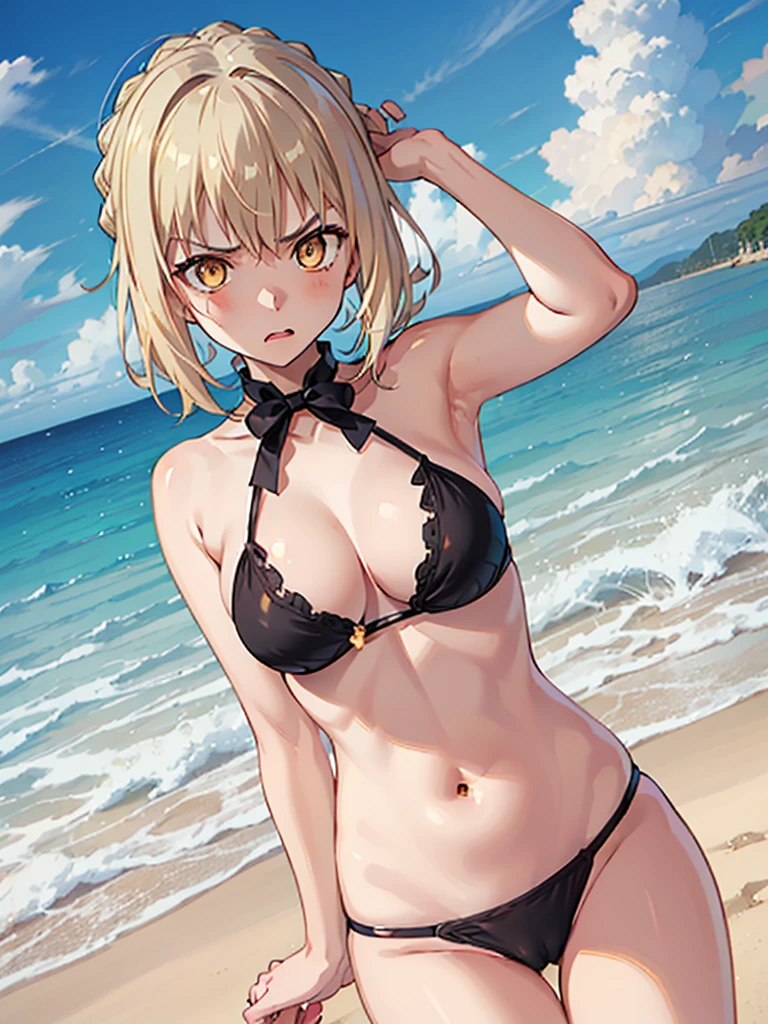 highest quality、table top、1 girl、The cutest girl、{{{saber alter:1.6}}}、((gold eyes:1.6),Fancy Black Bikini、thick body、plump breasts、Very grumpy and angry face、beach、cute anime illustration、{{camel toe:1.6}}