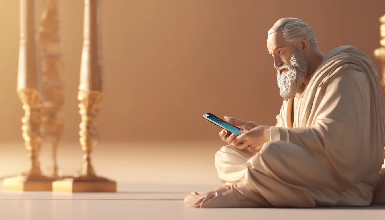 A person ( Stoic philosophers) checking their phone obsessively for likes and approval.