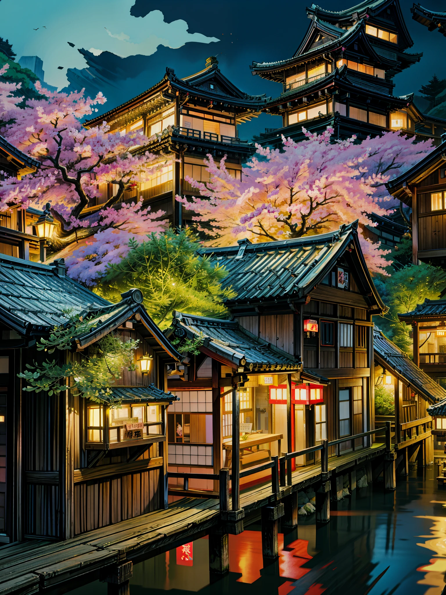 a building that has a bunch of flowers on it, japan at night, in a japanese town at night, japan travel aesthetic, japanese city at night, kyoto, japanese neighborhood, tokyo izakaya scene, japanese street, ghibli spirited away vibe, quiet tokyo alley at night, in tokyo at night, dreamy chinese town, by Torii Kiyomasu, studio ghibli environment, 4k hd,, beautiful art uhd 4 k, a beautiful artwork illustration, beautiful digital painting, highly detailed digital painting, beautiful digital artwork, detailed painting 4 k, very detailed digital painting, rich picturesque colors, gorgeous digital painting